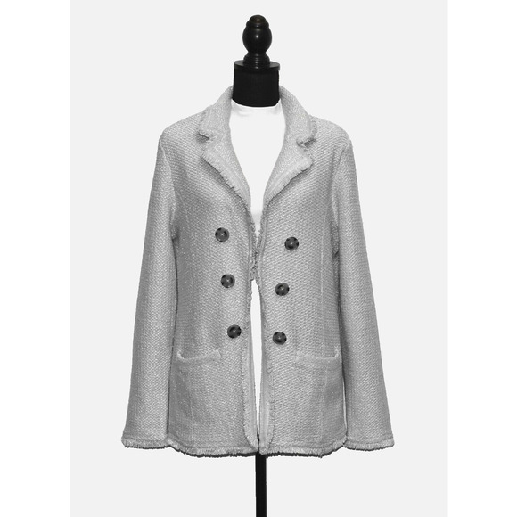 B0 NWT CHICOS Frosted Gray Shimmer Tweed Knit Cardigan Sweater Size 2 US L $139 - Picture 1 of 6
